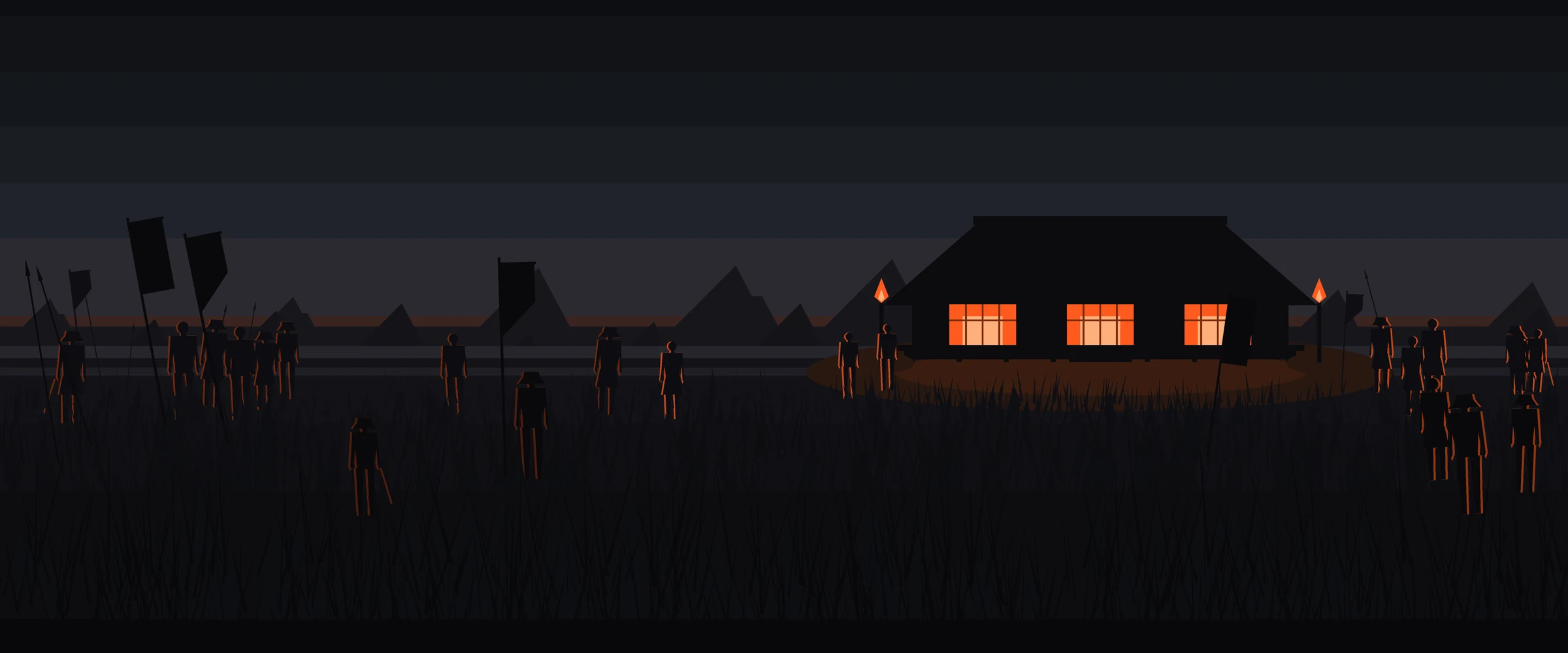 Dusk over a battlefield in the rain. Banners and spears stand abandoned in the grass, and the dead walk toward a lit hall at the edge of the field.